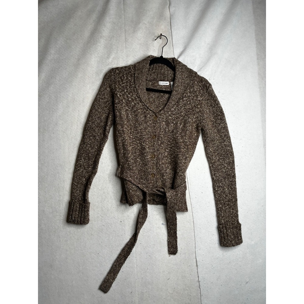 VTG Energie Brown Wool Mohair‎ Blend Shawl Collar Belted Sweater Womens M